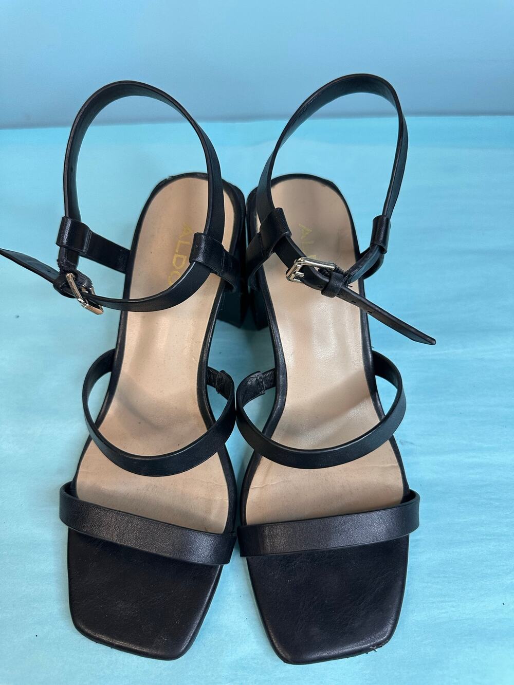 Aldo Hill sandals in black, featuring a strappy design and block heel 6.5